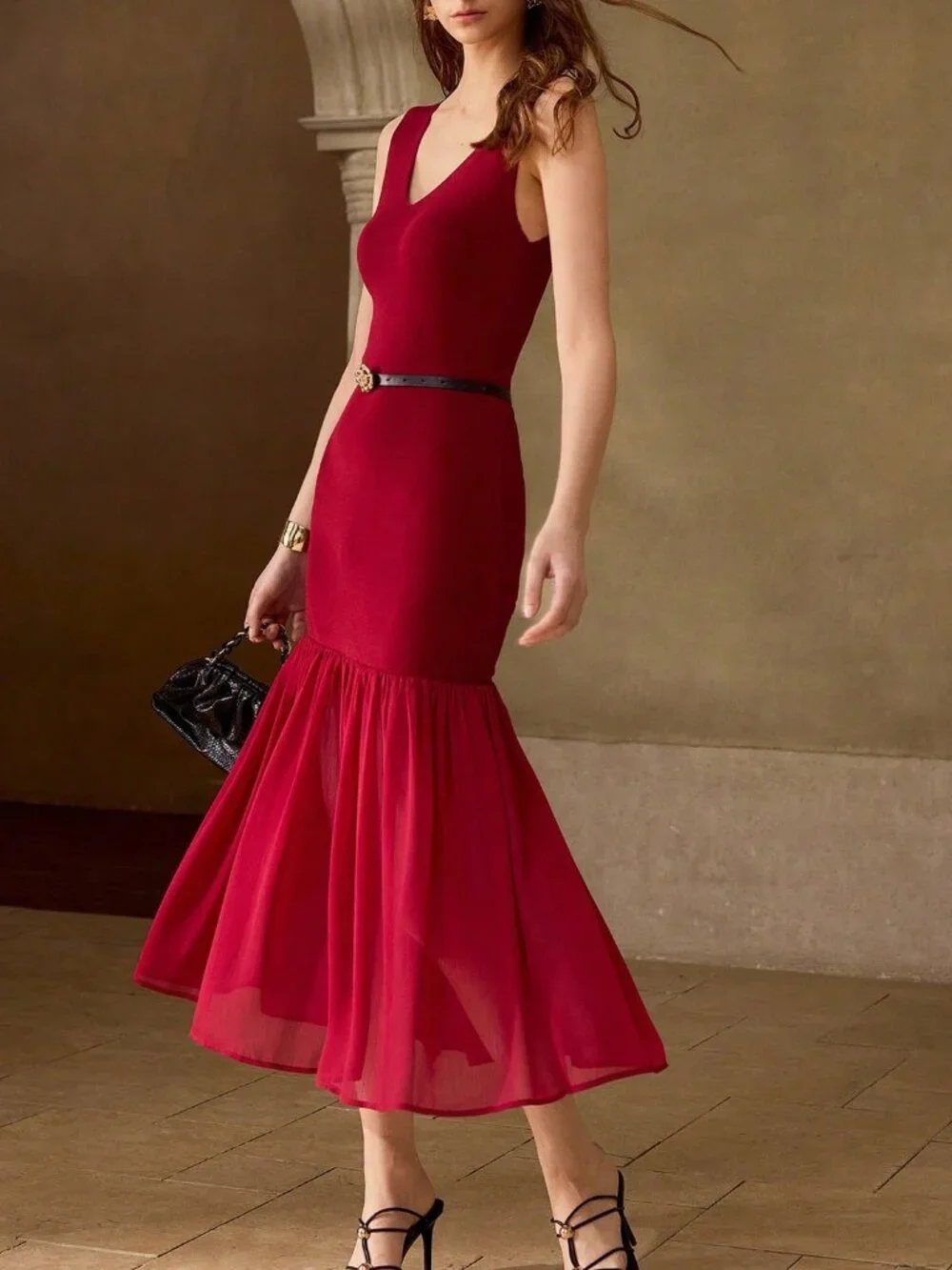 Burgundy Elegant Women's V Neck Knit Patchwork Maxi Sweater Dress